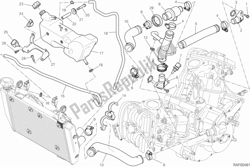 All parts for the Cooling Circuit of the Ducati Hypermotard Thailand 821 2015